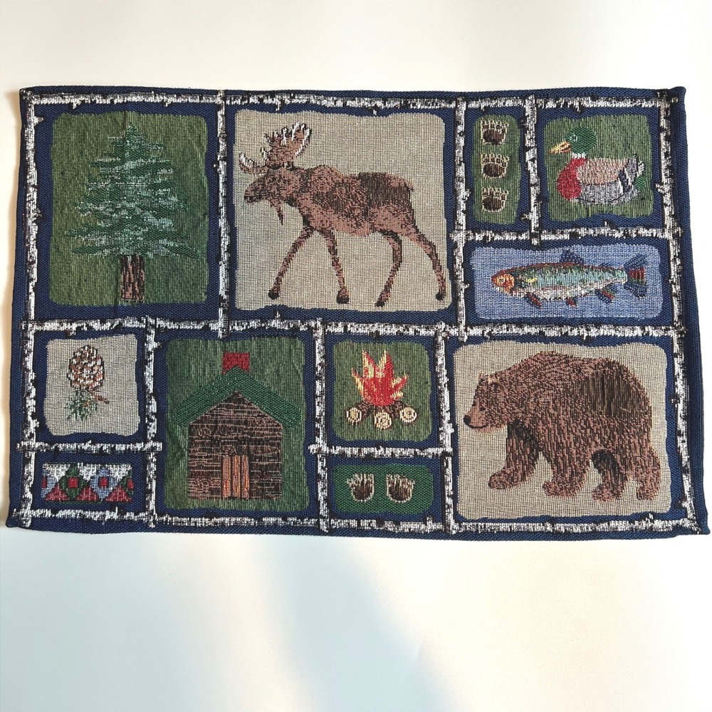 Rustic Log Cabin Theme Woven Placemats Set of 6 Bear Moose Lodge Forest Wildlife